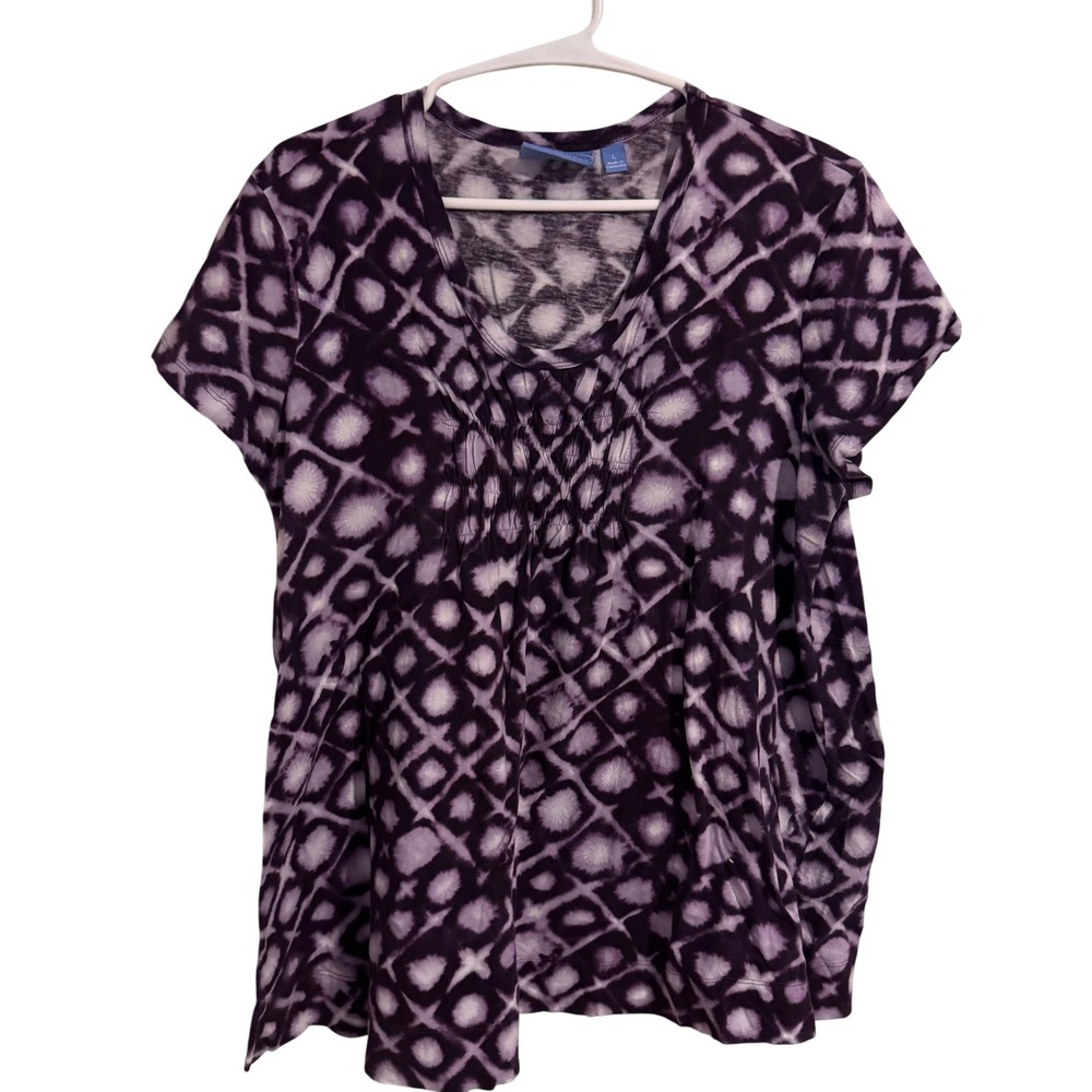 Simply Vera Vera Wang Purple Geometric Shibori Smocked V-Neck Short Sleeve Top L